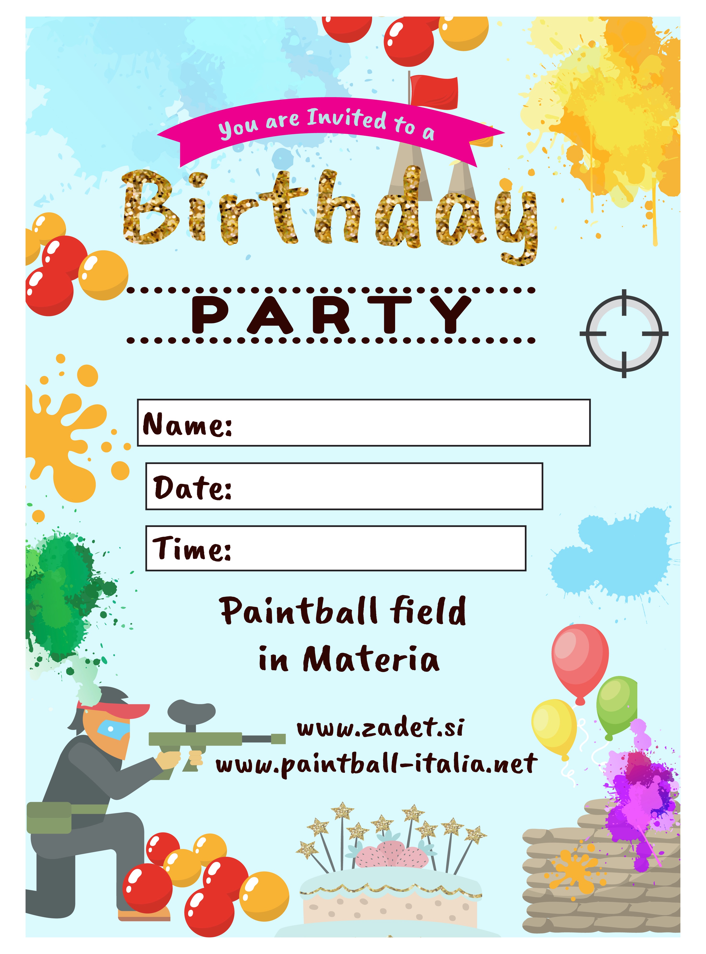invitation birthday party on Paintball field in Materija